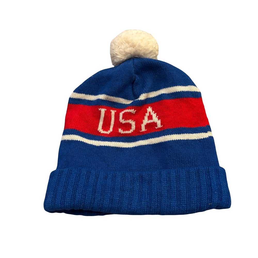 Polo Ralph Lauren USA Beanie Hat Blue Red White Pom Pom Knit One Size